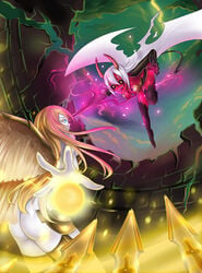 2girls angel angel_wings ass ass_focus black_sclera blue_eyes breasts cleavage demon demon_girl demon_wings duel female fight golden_eyes horns ibenz009 multiple_girls red_skin sword white_skin