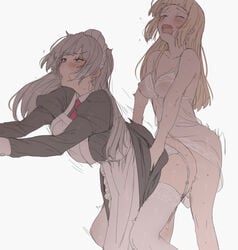 1futa 1girls bangs bent_over big_breasts blonde_hair bottomless breasts clothed clothing dress duo female from_behind futa_on_female futanari futanari-sama_(mdf_an) grey_hair_maid_(mdf_an) human implied_futanari light-skinned_female light-skinned_futanari light_skin long_hair maid mdf_an mostly_clothed original pale_skin partially_clothed sex standing thighhighs
