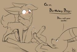 balls birthday blush bodily_fluids doublepopsicle eeveelution fluffy genital_fluids genitals hi_res knot male male/male nintendo penis pokémon_(species) pokemon pokemon_(species) precum snout sweat text umbreon video_games