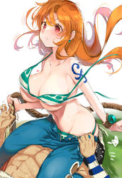 1boy 1girls abs accidental_facesitting ambiguous_penetration big_breasts blush breasts earrings facesitting female female_focus human large_breasts long_hair male nami nose_insertion one_piece orange_eyes orange_hair penetration sweat thong tight_clothing trembling usopp yaegashi_nan