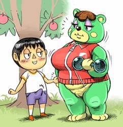 1boy 1girls 2021 animal_crossing apple_tree bear black_hair blush bottomless brown_hair bulge bulge_through_clothing charlise_(animal_crossing) cheek_markings double_deck dumbbell erection erection_under_clothes eyeshadow furry green_fur jacket muscles nintendo pussy seductive thick thick_thighs thighs villager_(animal_crossing) workout