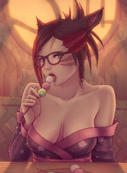 1girls 2018 animal_ears bare_shoulders blush breasts brown_hair cat_ears cleavage collarbone dango eating facial_mark female female_focus female_only final_fantasy final_fantasy_xiv fingernails food glasses green_eyes indoors japanese_clothes kimono lips looking_at_viewer marie_makise medium_breasts miqo'te off_shoulder open_mouth sanshoku_dango short_hair slit_pupils solo soranamae tongue tongue_out window yukata