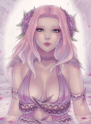 1girls 2016 armlet blue_eyes breasts cleavage dress female female_focus female_only final_fantasy final_fantasy_xiv flower hair_flower hair_ornament hyur long_hair looking_at_viewer medium_breasts mole mole_under_eye parted_lips partially_submerged petals pink_hair solo soranamae