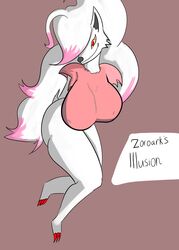 1girls anthro bedroom_eyes female furry nipples novakite pokemon pokemon_(species) pokemon_legends:_arceus small_breasts smile white_fur zoroark