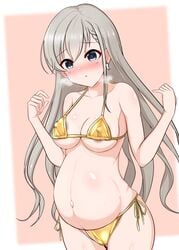 amadare areola_slip bikini blue_eyes blush cleavage dark_nipples earrings embarrassed female female_only gold_bikini golden_bikini grey_hair hisakawa_hayate idolmaster idolmaster_cinderella_girls large_areolae long_hair medium_breasts nipple_bulge pregnant side-tie_bikini solo sweat underboob visible_breath wavy_hair wide_hips yellow_bikini