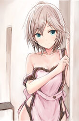 against_wall anastasia_(idolmaster) antenna_hair apron aqua_eyes bare_shoulders black_panties blush eyebrows eyebrows_visible_through_hair eyelashes eyelashes_visible_through_hair female female_only hair_between_eyes idolmaster idolmaster_cinderella_girls looking_at_viewer mostly_nude nannacy7 off_shoulder panties pink_apron short_hair silver_hair smile solo