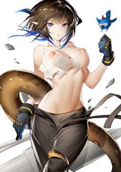 1girls absurdres arknights blue_eyes breasts eunectes_(arknights) eunectes_(forgemaster)_(arknights) female gkd111 gloves inverted_nipples lizard tagme tagme_(artist) torn_clothes