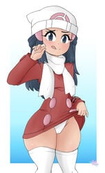 1girls blue_eyes blue_hair dawn_(pokemon) eye_contact female human jpeg long_hair looking_at_viewer nintendo panties pokemon pokemon_dppt pokemon_platinum protoscene solo standing thick_thighs thighhighs thighs wide_hips