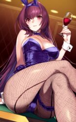 92m alcohol animal_ears bangs blush breasts bunny_ears bunnysuit cup detached_collar drinking_glass fake_animal_ears fate/grand_order fate_(series) female fishnet_legwear fishnets hair_between_eyes highleg highleg_leotard highres large_breasts leg_garter legs_crossed leotard long_hair looking_at_viewer pantyhose parted_lips playboy_bunny purple_hair purple_leotard red_eyes scathach_(fate) scathach_(fate)_(all) scathach_(piercing_bunny) sitting smile thighs wine wine_glass wrist_cuffs