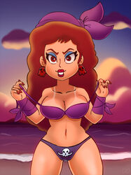 1girls alternate_version_available bandana beach big_breasts bikini breasts captain_syrup dusk earrings eyeshadow female female_only front_view hakimurax light-skinned_female light_skin lips lipstick long_hair looking_at_viewer mario_(series) nail_polish nintendo purple_bikini red_eyes red_hair red_lipstick red_nail_polish red_nails self_upload skull_earrings solo tanline thick thick_hips thick_thighs wario_(series) wario_land wario_land:_shake_it! wide_hips