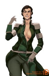 1girls avatar_the_last_airbender cameltoe clothing dominant dominant_female earth_kingdom gloves green_clothing knifoon kuvira looking_at_viewer looking_down medium_breasts mole mole_under_eye nickelodeon sideboob smooth_skin solo solo_female sweat sweatdrop sweaty_breasts tagme the_legend_of_korra white_background