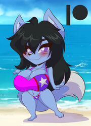 1girls 2021 anthro beach bikini blue_fur breasts canine chibi cleavage female female_only fox furry huge_breasts lily_(dfstarfield) long_hair looking_at_viewer mastergodai original original_character solo tail voluptuous wide_hips