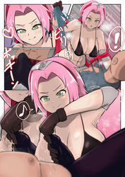 1boy 1girls abs alternate_breast_size armpits big_breasts blush bra breasts clothing elbow_pads erection erection_under_clothes faceless_male female gloves green_eyes huge_breasts imminent_sex large_breasts male muscular muscular_female naruto naruto_(series) naruto_shippuden pink_hair rhythm_yuki ripped_clothing ripped_shirt ripping ripping_clothing sakura_haruno shirtless squeezing squeezing_penis sweat teasing trembling undressing undressing_another undressing_partner