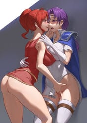 2girls after_kiss anna_(fire_emblem) anna_(fire_emblem)_(gba) areolae ass back back_view bare_arms bare_back bare_legs bare_thighs bottomless cape covered_nipples elbow_gloves eye_contact face-to-face female_only fingering fingering_partner fire_emblem fire_emblem:_the_binding_blade flower gloves hair_flower hair_ornament highres juno_(fire_emblem) kissing large_breasts long_hair looking_at_another medium_hair multiple_girls nintendo no_bra no_panties open_mouth oral ponytail purple_eyes purple_hair pussy_juice red_eyes red_hair saliva saliva_string saliva_trail see-through side_ponytail skirt smile thigh_boots thighs vaginal_penetration wet_pussy yuri zero_a