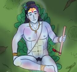 blue_body blue_nipples blue_skin bush color colored exhausted forest gay grass hindu hindu_mythology holding_object jungle krishna male male_only nipple religion smile smirk tired vachalenxeon