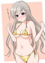 amadare bikini blue_eyes blush cleavage earrings female female_only gold_bikini golden_bikini grey_hair hisakawa_hayate idolmaster idolmaster_cinderella_girls long_hair medium_breasts nipple_bulge side-tie_bikini solo sweat underboob wavy_hair wide_hips yellow_bikini