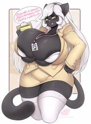 anthro areola_slip belda_(thounog) big_breasts cat_humanoid catgirl cleavage clipboard curvy furry glasses hand_on_hip huge_breasts long_hair looking_at_viewer mature_female office_lady original original_character overflowing_breasts secretly_saucy thick_thighs thighhighs tight_clothing white_hair yellow_eyes