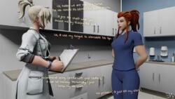 2girls 3d blender blizzard_entertainment blonde_hair blonde_hair brigitte comic horse lab_coat labcoat mercy overwatch red_hair tagme text veterinarian vulpeculy zoophilia