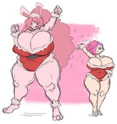2020 2girls anthro artist_signature bare_arms bare_calves bare_legs bare_thighs barefoot belt belt_buckle big_breasts big_thighs breasts bunilla_(bunillabunbun) christmas christmas_outfit cleavage doodle female female_focus female_only fist fist_up fluffy_hair front_view furry huge_breasts huge_thighs human lagomorph lagomorph_humanoid large_breasts larger_female leporid leporid_humanoid little_hareboy long_hair looking_at_viewer not_my_oc oc one_eye_closed one_eye_covered one_hand_up original_character pale-skinned_female pink_background pink_body pink_eyes pink_fur pink_hair pink_skin rabbit rabbit_ears rabbit_feet rabbit_girl rabbit_humanoid rebecca_(regailaart) short_hair simple_background sketch smaller_female sparkles thick_thighs tight_clothing tongue tongue_out very_long_hair