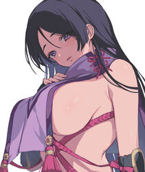 bangs bare_shoulders black_gloves breast_curtain breast_curtains breasts eyebrows_visible_through_hair fate/grand_order fate_(series) female gloves hand_on_own_chest large_breasts long_hair looking_at_viewer minamoto_no_raikou_(fate) parted_bangs parted_lips purple_eyes purple_hair revealing_clothes rope sideboob solo very_long_hair vivi_(eve_no_hakoniwa)