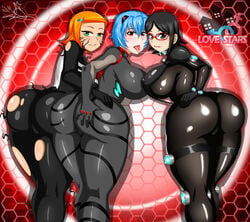 3girls aged_up ass ben_10 big_ass big_breasts black_hair blue_hair blush bodysuit boruto:_naruto_next_generations breasts clothing crossover dat_ass eastern_and_western_character female female_only gantz_suit glasses green_eyes gwen_tennyson hand_on_ass huge_ass huge_breasts human large_breasts light-skinned_female light_skin looking_at_viewer marvel marvel_comics multiple_crossover multiple_girls naruto neon_genesis_evangelion orange_hair pale-skinned_female pale_skin pilot_suit plugsuit plump_labia raidon_dimentional_land rebuild_of_evangelion red_eyes rei_ayanami saliva_trail sarada_uchiha short_hair smile spider-man_(series) symbiote tagme thick_thighs tongue_out torn_clothes venom_(marvel) wide_hips yuri