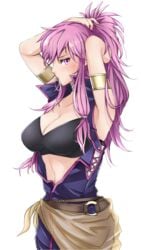 1girls alternate_hairstyle armpits bare_midriff breasts cleavage fire_emblem fire_emblem:_the_sacred_stones hair_down large_breasts long_hair looking_at_viewer marisa_(fire_emblem) midriff mouth_hold nintendo open_clothes pink_eyes pink_hair ponytail solo toshimasa