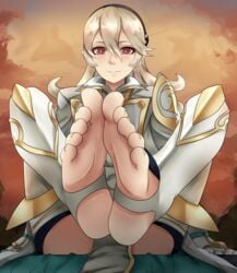 1girls absurdres alternate_costume bare_thighs barefoot blonde_hair corrin_(female)_(hoshido_noble)_(fire_emblem) corrin_(fire_emblem) corrin_(fire_emblem)_(female) ethan_ppj_(artist) feet feet_towards_viewer fire_emblem fire_emblem_fates foot_fetish foot_focus foot_pussy hair_between_eyes hairband inner_thighs legs_up long_hair looking_at_viewer nintendo omegazero01 pelvic_curtain pointy_ears red_eyes smile soles solo stirrup_legwear thighs toeless_legwear toes