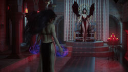 2girls 3d alyssa_ellis_(tristanqeverett) bat_wings black_hair brown_hair dress female female_only glowing_eyes large_breasts loincloth medium_hair nipple_slip pelvic_curtain pinup tristanqeverett vampire wings