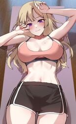 1girls 2021 arms_up bare_legs beauty_mark blonde_hair blush breasts female female_focus female_only foxy_rain_(foxyreine) foxyrain_(foxyreine) foxyreine hi_res hips huge_breasts long_hair looking_at_viewer lying_on_back mole_on_breast mole_under_eye on_back original original_character purple_eyes short_shorts shorts slim_waist solo sports_bra sportswear thick_thighs thighs wide_hips workout_clothes yoga_mat