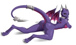 activision anthro breasts collar cynder dragon eyebrows female genitals green_eyes hi_res horn looking_at_viewer looking_back looking_back_at_viewer lying membrane_(anatomy) membranous_wings metal_collar nude on_front purple_body purple_scales pussy raxel scales scalie side_boob smile solo spyro_the_dragon video_games western_dragon white_background wings