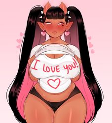 1girls belly black_hair blush breasts chubby cinnabus clothing collarbone cute dark-skinned_female dark_skin demon demon_girl demon_horns dialogue earrings embarrassed female heart heart_earrings horns i_love_you lips long_hair long_twintails looking_away looking_to_the_side oni oni_horns original original_character pink_background pink_eyes pink_hair pointy_ears shirt solo sona_(cinnabus) spiked_hair_tie spikes suggestive thick_thighs twintails two_tone_hair white_shirt wholesome wide_hips