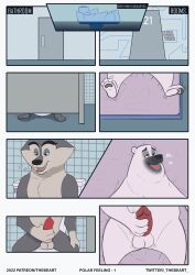 2022 20th_century_fox 20th_century_studios absurd_res agent_classified anthro balls bathroom bed black_nose canid canine canis comic corporal_the_polar_bear detailed_background dreamworks erection furniture genitals grey_body hi_res lying madagascar_(series) mammal masturbation page_1 patreon_username penis polar_bear sitting solo the_penguins_of_madagascar thebeart twitter_username ursid ursine white_body wolf