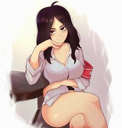 1girls attack_on_titan black_hair_female crossed_legs eldian_armband eldian_flag female female_soldier legs messy_hair pieck_finger posing_for_the_viewer seductive seductive_smile solo_female table tagme thick_thighs