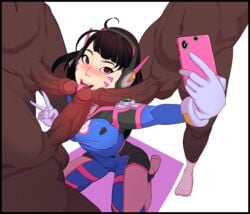 1girls 3boys big_penis blush bodysuit brown_eyes brown_hair cellphone clothed clothed_female_nude_male d.va dark-skinned_male faceless_male fellatio female female_focus gaiidraws headset interracial kneeling long_hair long_penis looking_at_viewer male open_mouth oral overwatch peace_sign revision selfie smile solo_focus straight tongue_out veiny_penis