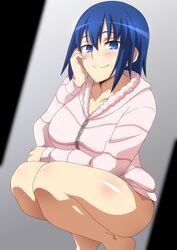 blue_hair ciel ciel_(tsukihime) hara_(harayutaka) jacket kneeling looking_at_viewer melty_blood short_hair solo thighs tsukihime type-moon