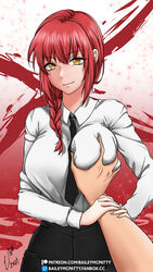 1boy 1girls baileymcpatty big_breasts breast_grab breasts chainsaw_man clothed eye_contact female formal formal_attire formal_clothes formal_wear girl_in_suit happy_female image large_breasts long_hair looking_at_viewer makima_(chainsaw_man) necktie red_hair standing suit_and_tie woman_in_suit yellow_eyes