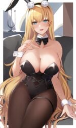 absurdres aqua_eyes azur_lane bangs bare_arms bare_shoulders black_hairband black_legwear black_leotard black_neckwear blonde_hair blue_eyes blush bow bowtie breasts cleavage collarbone detached_collar eyebrows_visible_through_hair female hairband hand_on_own_chest highres large_breasts leotard long_hair looking_at_viewer north_carolina_(azur_lane) north_carolina_(the_heart's_desire)_(azur_lane) official_alternate_costume pantyhose parted_lips playboy_bunny pnatsu sitting smile solo thigh_strap thighs wrist_cuffs