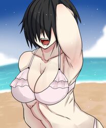 armpits beach bikini covered_eyes day female fit_female hair_over_eyes muscular_female original pale-skinned_female pale_skin showing_armpits sweat yuko_mizobuti_(zokusuke) zokusuke