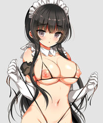 bangs bikini black_eyes black_hair blunt_bangs blush breasts collarbone commentary_request cowboy_shot cupless_bikini detached_collar elbow_gloves emily_(pure_dream) eyebrows_visible_through_hair female gloves grey_background grey_eyes groin large_breasts long_hair looking_at_viewer maid maid_headdress navel nipples open_mouth original out-of-frame_censoring shiny shiny_hair simple_background solo swimsuit untied untied_bikini white_gloves