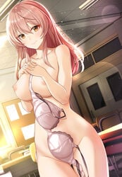 ass_visible_through_thighs bangs blush bra bra_removed breasts chair classroom closed_mouth collarbone desk eyelashes female hair_between_eyes highres idolmaster idolmaster_cinderella_girls indoors jougasaki_mika long_hair looking_at_viewer medium_breasts mk_(mod0) navel nipples nude pink_hair smile solo thighs underwear white_bra yellow_eyes