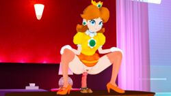 2021 3d bottomless butts69420 dildo dildo_sitting female female_only hi_res highres koikatsu mario_(series) nintendo no_panties no_underwear princess_daisy pulled_up_dress pumps sex_toy squatting