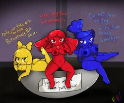 3girls ass barefoot blue_eyes blue_nipples blue_skin bowl breasts candy e-01 feet humanized living_candy lyrics multiple_girls naked nipples pussy red_eyes red_nipples red_skin scp-330 scp_foundation sitting song_lyrics spread_legs spreading toes yellow_eyes yellow_nipples yellow_skin