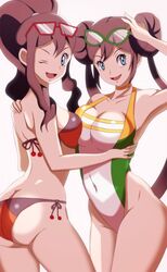 2girls ass big_breasts bikini brown_hair double_bun eyewear_on_head glasses_on_head hi_res high_resolution highres hilda_(pokemon) human looking_at_viewer nintendo one-piece_swimsuit pokemon pokemon_bw pokemon_bw2 rosa_(pokemon) smile smiling sunglasses sunglasses_on_head vivivoovoo wink