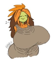 1girls 2020 anthro anthrofied armless artist_signature bare_shoulders big_breasts breasts brown_clothing brown_hair closed_eyes clothed clothes clothing cute doodle dress eyes_closed female female_focus female_only floran front_view gigantic_breasts green_body green_skin huge_breasts humanoid hyper_breasts large_breasts little_hareboy long_hair looking_at_viewer multicolored_hair musical_note oc orange_hair original_character plant plant_girl plant_humanoid rafanata simple_background singing sketch smile smiling solo solo_female solo_focus starbound top_heavy topwear white_background wholesome