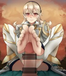 1girls alternate_costume bare_thighs barefoot blonde_hair blush censored corrin_(female)_(hoshido_noble)_(fire_emblem) corrin_(fire_emblem) corrin_(fire_emblem)_(female) ethan_ppj_(artist) feet fire_emblem fire_emblem_fates foot_fetish foot_focus footjob hair_between_eyes hairband inner_thighs legs_up long_hair looking_at_viewer nintendo omegazero01 pelvic_curtain pointy_ears pov red_eyes smile solo_focus thighs toeless_legwear