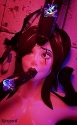 1girls 2boys blowjob blowjob_face dark-skinned_male dark_skin fellatio group_sex high_heels interracial katarina_du_couteau kittyyevil large_penis league_of_legends oral red_lipstick riot_games sex_toy sloppy used_condom