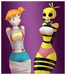 arm_binder arms_behind_back ball_gag bondage bound_arms bound_legs breasts female female_only five_nights_at_freddy's five_nights_at_freddy's_2 gag gagged humite-ubie kasumi_(pokemon) leather_straps nintendo panties pokemon short_shorts tape_gag taped_mouth thick_thighs toy_chica_(fnaf)