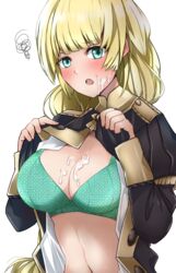 1girls angry bangs bare_midriff blonde_hair blush bra breasts cleavage clothes_lift cum cum_on_breasts cum_on_face fire_emblem fire_emblem:_three_houses flashing garreg_mach_monastery_uniform green_eyes ingrid_brandl_galatea large_breasts long_hair looking_at_viewer midriff nintendo open_clothes open_mouth presenting presenting_breasts solo toshimasa unamused upper_body very_long_hair white_background