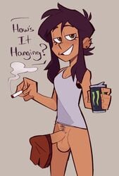 1futa balls bottomless brown_eyes brown_hair can casual cigarette clothed clothing dark-skinned_futanari dark_skin dialogue disney duncanscocc earrings energy_drink erection futa_only futanari hat_on_penis human latina luz_noceda luz_noceda_(beta) monster_can partially_clothed penis plain_background pubic_hair smoke smooth_skin solo speech_bubble standing text the_owl_house tobacco tomboy vest