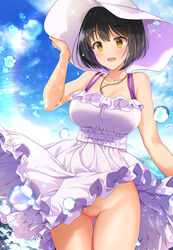 bangs bare_arms bare_shoulders black_hair blue_sky blush breasts brown_eyes censored clothes_lift cloud collarbone commentary_request day dress dress_lift eyebrows_visible_through_hair female frilled_dress frills gluteal_fold groin hand_on_headwear hat highres idolmaster idolmaster_cinderella_girls jewelry large_breasts mk_(mod0) mosaic_censoring necklace no_panties open_mouth outdoors pussy short_hair sky sleeveless sleeveless_dress smile solo sun_hat sundress takafuji_kako white_dress white_headwear wind wind_lift